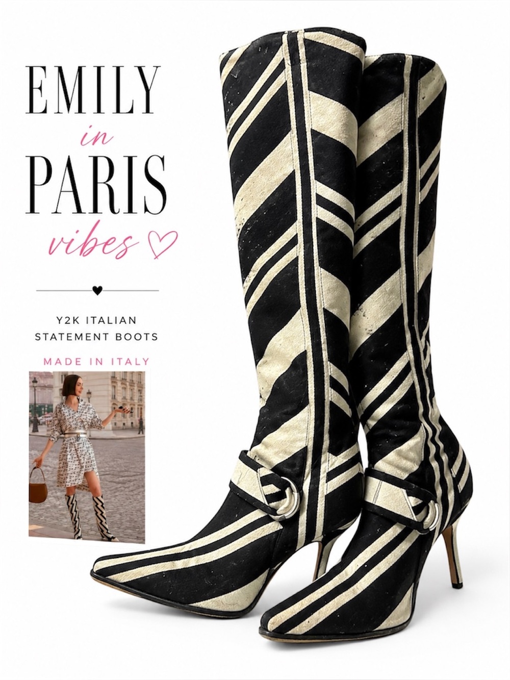 Exté Archive Y2K Chevron Leather Knee High Boots Italy Emily in Paris Vibes